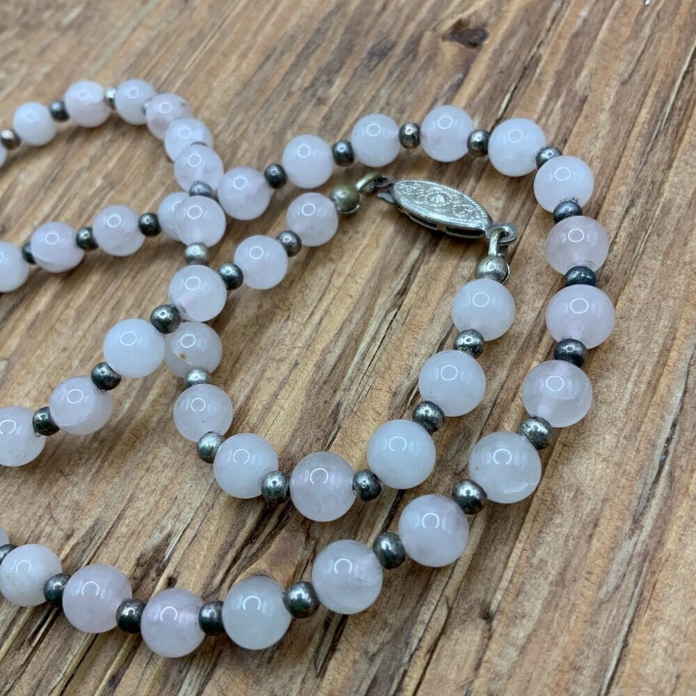Rose Quartz Vintage Metal Silver Tone Beaded Ball Spacers Choker Necklace